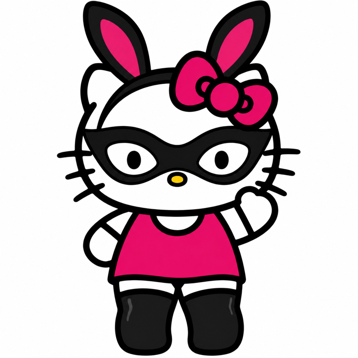 White cartoon kitty with pink bow, black mask and bunny ears